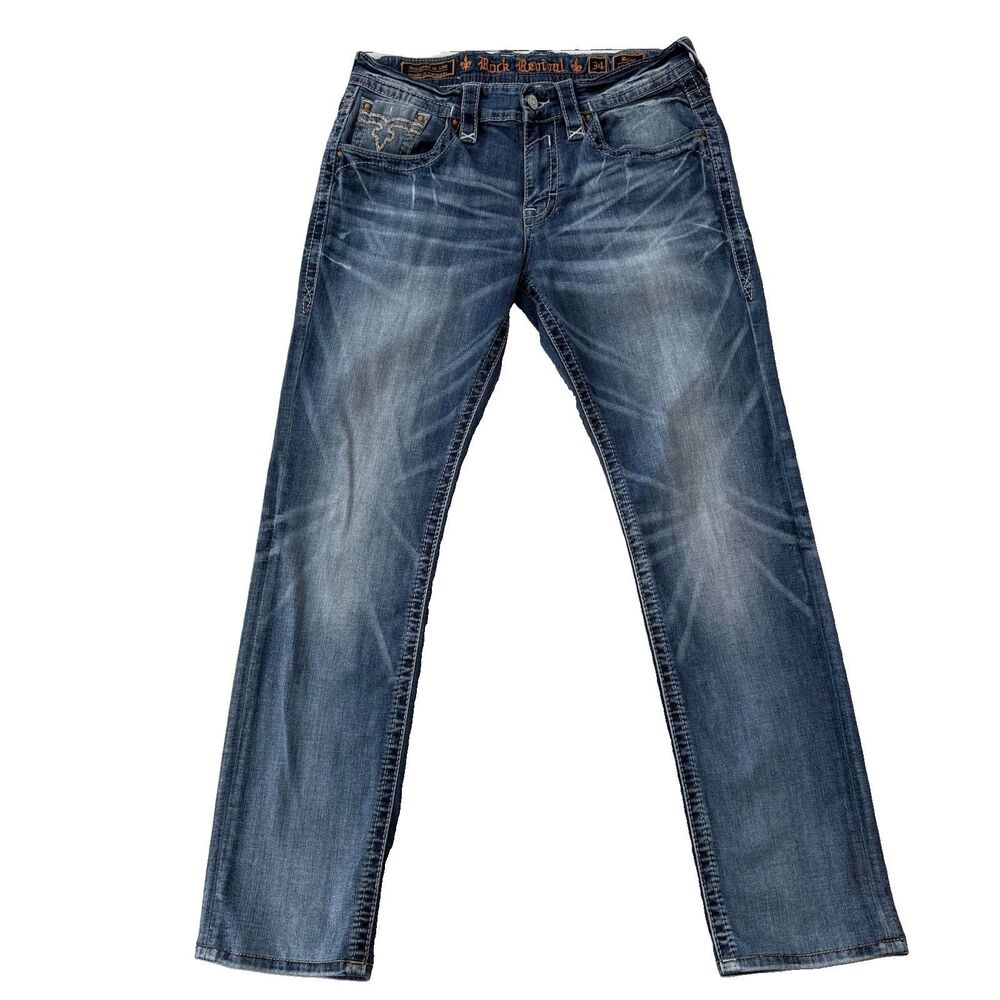 Rock Revival Jeans Men's 34x31 Ryker All Straight Medium Wash Whiskered